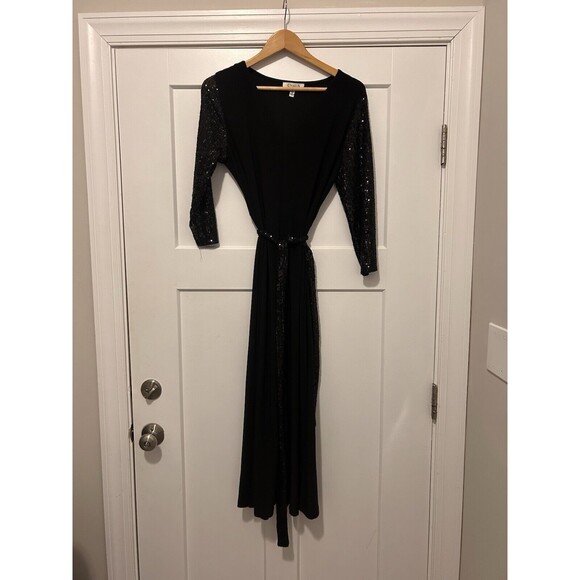 Women’s Stretch Sequin Sleeve Black V-Neck Midi Dress Size Large Cocktail Belt - Picture 1 of 6
